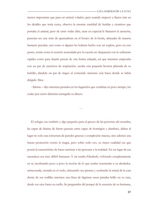 —————————————————————————––— LAS LAGRIMAS DE LA LUNA

menos importante que para un animal volador, pero cuando empezó a fijarse más en

los detalles que tenía cerca, observo la enorme cantidad de heridas y cicatrices que

portaba el animal, pero de entre todas ellas, unas en especial le llamaron la atención,

parecían ser una serie de quemaduras en el hocico de la bestia, alineadas de manera

bastante peculiar, casi como si alguien las hubiera hecho con un soplete, pero en este

punto, sentía como la tensión acumulada por la cacería no desparecía con la suficiente

rapidez como para dejarle pensar de una forma relajada, así que mientras empezaba

con un par de ejercicios de respiración, sacaba una pequeña licorera plateada de su

bolsillo, dándole un par de tragos al contenido mientras veía hacia donde se había

dirigido Alice.

   - Idiotas – dijo mientras pensaba en los lugareños que vendrían en poco tiempo, los

cuales por cierto deberían entregarle su dinero.



                                              …



   El refugio era sombrío y algo pequeño para el grueso de las personas ahí reunidas,

las capas de lámina de hierro puestas entre capas de hormigón y alambres, daban al

lugar no solo una estructura de paredes gruesas y complexión maciza, sino además una

buena protección contra la magia, pero sobre todo eso, su mejor cualidad era que

poseía la característica de hacer aterrizar a las personas a la realidad. En un lugar de esa

naturaleza era muy difícil fantasear. Y así estaba Elizabeth, volviendo completamente

en sí, recobrando poco a poco la noción de lo que estaba ocurriendo a su alrededor,

arrinconada, sentada en el suelo, abrazando sus piernas y ocultando la mitad de la cara

detrás de sus rodillas mientras una línea de lágrimas secas pintaba brillo en su cara,

desde sus ojos hasta su cuello. Se preguntaba del porqué de la ausencia de su hermana,

                                                                                         67
 