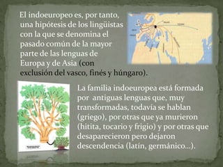    El indoeuropeo es, por tanto,                                                               una hipótesis de los lingüistas                                                     con la que se denomina el                                                      pasado común de la mayor                                                         parte de las lenguas de                                                                   Europa y de Asia (con                                                                     exclusión del vasco, finés y húngaro).La familia indoeuropea está formada por  antiguas lenguas que, muy   transformadas, todavía se hablan (griego), por otras que ya murieron (hitita, tocario y frigio) y por otras que desaparecieron pero dejaron descendencia (latín, germánico…).