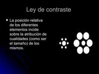 Ley de contraste  La posición relativa de los diferentes elementos incide sobre la atribución de cualidades (como ser el tamaño) de los mismos.  