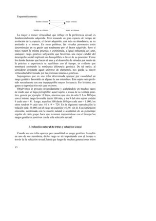Esquemáticamente: 
15 
hombre virtuoso 
hombre no virtuoso 
mujer virtuosa 
mujer no virtuosa 
La mayor o menor virtuosidad, que influye en la preferencia sexual, es 
fundamentalmente adquirida. Pero tomando un gran espacio de tiempo de 
evolución de la especie, el factor adquirido, con toda su abundancia, se va 
anulando a sí mismo. En otras palabras, las virtudes personales están 
determinadas en su grado casi totalmente por el factor adquirido. Pero si 
todos tienen la misma práctica o experiencia, e igual influencia del azar, 
cualquier rasgo genético subyacente que favorezca una mejor calidad del 
desempeño social implicará un desequilibrio a favor de su poseedor. Como 
los demás factores que hacen al azar y al desarrollo de virtudes por medio de 
la práctica o experiencia se equilibran con el tiempo, es evidente que 
terminará asomando la minúscula diferencia genética. De tal modo, al 
considerar constante aquel universo de elementos, nos queda la mayor 
virtuosidad determinada por las premisas innatas o genéticas. 
Supongamos que en una tribu determinada aparece por casualidad un 
rasgo genético favorable en alguno de sus miembros. Este sujeto será prefe-rido 
sexualmente con una imperceptible mayor frecuencia. Por lo tanto, sus 
genes se reproducirán más que los otros. 
Observemos el proceso resumidamente y acelerándolo en muchas veces 
de modo que se haga perceptible: aquel sujeto, a causa de su ventaja gené-tica, 
genera por ejemplo 10 hijos, mientras que otro da sólo 9. Los 10 hijos 
con el mismo rasgo favorable darán 100 más, y los 9 del otro sujeto tendrán 
9 cada uno = 81. Luego, aquellos 100 darán 10 hijos cada uno = 1.000; los 
otros tendrán 9 cada uno: 81 x 9 = 729. En la siguiente reproducción la 
relación será: 10.000 con el rasgo en cuestión y 6.561 sin él. Esta separación 
creciente, combinada con la muerte natural o accidental de un porcentaje 
regular de cada grupo, hace que terminen imponiéndose con el tiempo los 
rasgos genéticos positivos con la sola selección sexual. 
3. Selección natural de tribus y selección sexual 
Cuando en una tribu aparece por casualidad un rasgo genético favorable 
en uno de sus miembros, dicho rasgo se irá imponiendo con el tiempo a 
través de la selección sexual, hasta que luego de muchas generaciones todos 
 