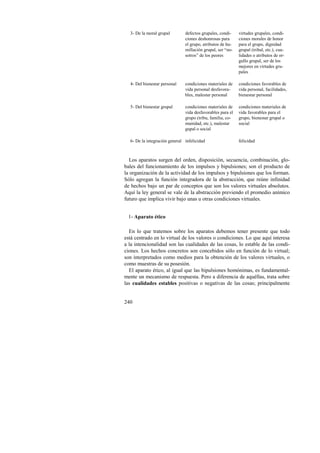 3- De la moral grupal defectos grupales, condi-ciones 
240 
deshonrosas para 
el grupo, atributos de hu-millación 
grupal, ser “no-sotros” 
de los peores 
virtudes grupales, condi-ciones 
morales de honor 
para el grupo, dignidad 
grupal (tribal, etc.), cua-lidades 
o atributos de or-gullo 
grupal, ser de los 
mejores en virtudes gru-pales 
4- Del bienestar personal condiciones materiales de 
vida personal desfavora-bles, 
malestar personal 
condiciones favorables de 
vida personal, facilidades, 
bienestar personal 
5- Del bienestar grupal condiciones materiales de 
vida desfavorables para el 
grupo (tribu, familia, co-munidad, 
etc.), malestar 
gupal o social 
condiciones materiales de 
vida favorables para el 
grupo, bienestar grupal o 
social 
6- De la integración general infelicidad felicidad 
Los aparatos surgen del orden, disposición, secuencia, combinación, glo-bales 
del funcionamiento de los impulsos y bipulsiones; son el producto de 
la organización de la actividad de los impulsos y bipulsiones que los forman. 
Sólo agregan la función integradora de la abstracción, que reúne infinidad 
de hechos bajo un par de conceptos que son los valores virtuales absolutos. 
Aquí la ley general se vale de la abstracción previendo el promedio anímico 
futuro que implica vivir bajo unas u otras condiciones virtuales. 
1- Aparato ético 
En lo que tratemos sobre los aparatos debemos tener presente que todo 
está centrado en lo virtual de los valores o condiciones. Lo que aquí interesa 
a la intencionalidad son las cualidades de las cosas, lo estable de las condi-ciones. 
Los hechos concretos son concebidos sólo en función de lo virtual; 
son interpretados como medios para la obtención de los valores virtuales, o 
como muestras de su posesión. 
El aparato ético, al igual que las bipulsiones homónimas, es fundamental-mente 
un mecanismo de respuesta. Pero a diferencia de aquéllas, trata sobre 
las cualidades estables positivas o negativas de las cosas; principalmente 
 