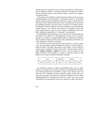 sintética puede ser entendida como la ausencia de defectos, o bien la pose-sión 
246 
de todas las virtudes, o el promedio altamente favorable de virtudes y 
defectos. Ello hará que los otros estimen al sujeto, a través de sus respecti-vos 
aparatos éticos. 
Si bien hay una diversidad de virtudes parciales posibles, de lo que se trata 
fundamentalmente es del promedio, o del balance general y su producto 
sintético integral. Quien tiene que dar muestras de estima o valoración a otro 
individuo, no hace muchas distinciones sobre la composición de ese cúmulo 
de cualidades personales, sino que valora a la persona o no según el prome-dio 
global de virtudes y defectos. Por ello, el aparato de la moral personal, 
aunque busque el “ser valiente” como vimos en el ejemplo, lo hace sólo 
como un paso parcial, ya que con eso no alcanza. También procurará el ser 
hábil, inteligente, responsable, etc., “pensando” en el promedio. 
Es indispensable tener presentes en estas relaciones las categorías de aná-lisis- 
síntesis. El análisis es la descomposición de algo en sus elementos 
parciales; y la síntesis, el conjunto global surgido. El sujeto busca, entonces, 
poseer aquellas virtudes parciales, pero como componentes del análisis, con 
vistas al producto sintético de su persona. 
Por otro lado, no sólo interesa poseer valores positivos y evitar los nega-tivos, 
sino que también interesa el quantum de cada uno. Así por ejemplo, se 
puede ser hábil o muy hábil, algo injusto o muy injusto; es decir, todos los 
valores tienen su gradación interna. Cada virtud o defecto puede existir en 
grado mínimo, mediano o máximo. En base a esos tres grados en que 
puede presentarse cada cualidad, se obtiene la siguiente escala de siete 
grados, que es la que se maneja comúnmente. Ejemplo: 
torpeza neutralidad habilidad 
pésimo muy malo malo regular bueno muy bueno excelente 
La calificación respecto al grado de habilidad-torpeza, que un sujeto 
tendrá en el concepto que los demás se formen de él, dependerá del producto 
que resulte del número de actos hábiles y torpes, más el grado o “peso” de 
cada uno. De lo estadístico de tales conductas, surgirá su ubicación en la 
escala de siete grados. Tal escala es la separación cualitativa que se emplea 
espontáneamente en la práctica para hacer los “cortes” de lo que es una 
continuidad. Es lo que permite decir que un individuo es hábil, muy hábil, o 
 