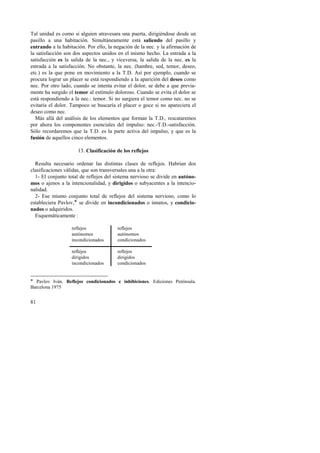 Tal unidad es como si alguien atravesara una puerta, dirigiéndose desde un 
pasillo a una habitación. Simultáneamente está saliendo del pasillo y 
entrando a la habitación. Por ello, la negación de la nec. y la afirmación de 
la satisfacción son dos aspectos unidos en el mismo hecho. La entrada a la 
satisfacción es la salida de la nec., y viceversa, la salida de la nec. es la 
entrada a la satisfacción. No obstante, la nec. (hambre, sed, temor, deseo, 
etc.) es la que pone en movimiento a la T.D. Así por ejemplo, cuando se 
procura lograr un placer se está respondiendo a la aparición del deseo como 
nec. Por otro lado, cuando se intenta evitar el dolor, se debe a que previa-mente 
81 
ha surgido el temor al estímulo doloroso. Cuando se evita el dolor se 
está respondiendo a la nec.: temor. Si no surgiera el temor como nec. no se 
evitaría el dolor. Tampoco se buscaría el placer o goce si no apareciera el 
deseo como nec. 
Más allá del análisis de los elementos que forman la T.D., rescataremos 
por ahora los componentes esenciales del impulso: nec.-T.D.-satisfacción. 
Sólo recordaremos que la T.D. es la parte activa del impulso, y que es la 
fusión de aquellos cinco elementos. 
13. Clasificación de los reflejos 
Resulta necesario ordenar las distintas clases de reflejos. Habrían dos 
clasificaciones válidas, que son transversales una a la otra: 
1- El conjunto total de reflejos del sistema nervioso se divide en autóno-mos 
o ajenos a la intencionalidad, y dirigidos o subyacentes a la intencio-nalidad. 
2- Ese mismo conjunto total de reflejos del sistema nervioso, como lo 
estableciera Pavlov,! se divide en incondicionados o innatos, y condicio-nados 
o adquiridos. 
Esquemáticamente : 
reflejos 
autónomos 
incondicionados 
reflejos 
autónomos 
condicionados 
reflejos 
dirigidos 
incondicionados 
reflejos 
dirigidos 
condicionados 
! Pavlov Iván. Reflejos condicionados e inhibiciones. Ediciones Península. 
Barcelona 1975 
 