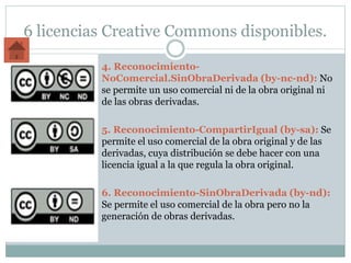 4. Reconocimiento-
NoComercial.SinObraDerivada (by-nc-nd): No
se permite un uso comercial ni de la obra original ni
de las obras derivadas.
5. Reconocimiento-CompartirIgual (by-sa): Se
permite el uso comercial de la obra original y de las
derivadas, cuya distribución se debe hacer con una
licencia igual a la que regula la obra original.
6. Reconocimiento-SinObraDerivada (by-nd):
Se permite el uso comercial de la obra pero no la
generación de obras derivadas.
 