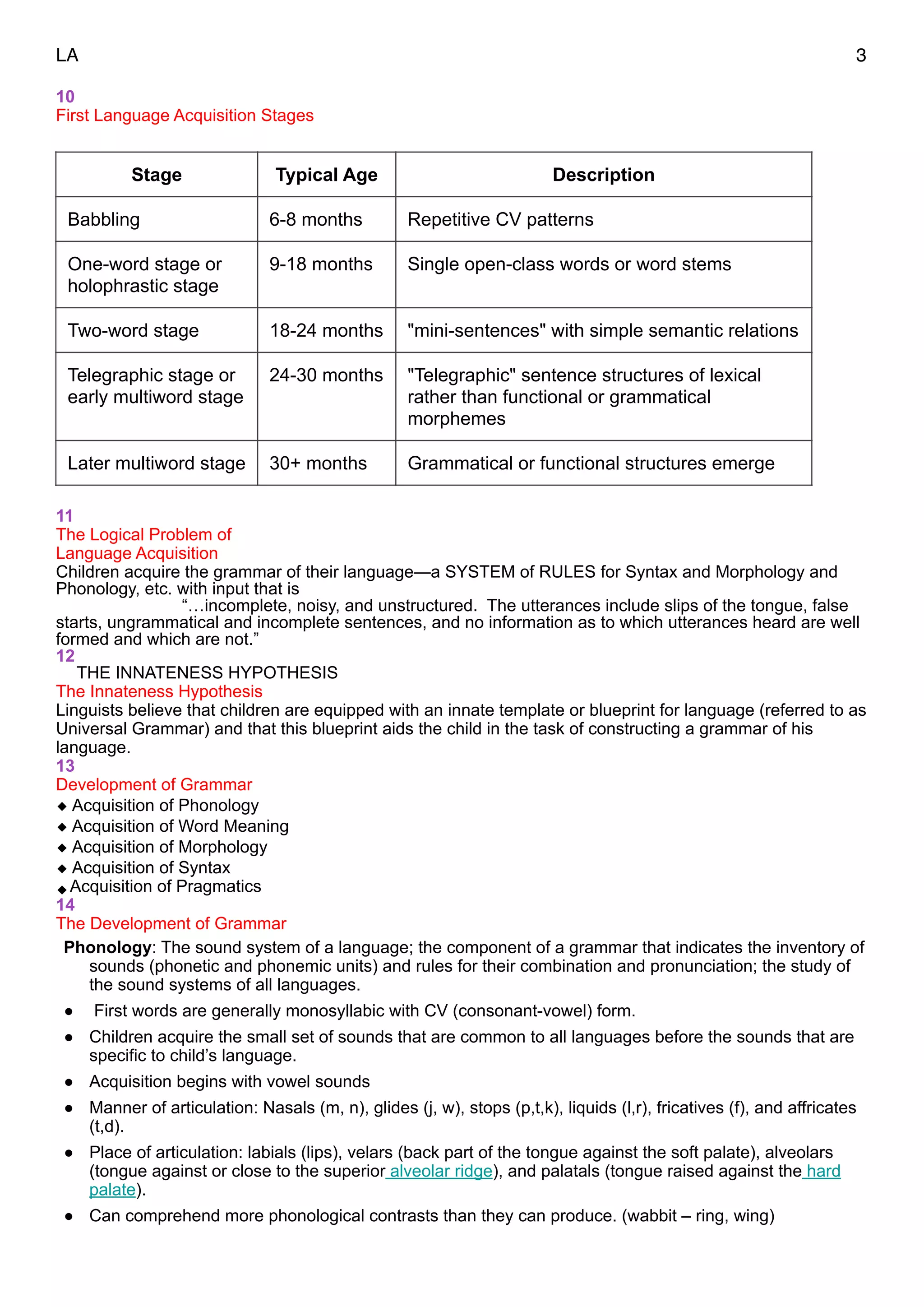 LA 3
10
First Language Acquisition Stages
11
The Logical Problem of  
Language Acquisition
Children acquire the grammar of their language—a SYSTEM of RULES for Syntax and Morphology and
Phonology, etc. with input that is
“…incomplete, noisy, and unstructured. The utterances include slips of the tongue, false
starts, ungrammatical and incomplete sentences, and no information as to which utterances heard are well
formed and which are not.”
12
THE INNATENESS HYPOTHESIS
The Innateness Hypothesis
Linguists believe that children are equipped with an innate template or blueprint for language (referred to as
Universal Grammar) and that this blueprint aids the child in the task of constructing a grammar of his
language.
13
Development of Grammar
◆ Acquisition of Phonology
◆ Acquisition of Word Meaning
◆ Acquisition of Morphology
◆ Acquisition of Syntax
◆Acquisition of Pragmatics
14
The Development of Grammar
Phonology: The sound system of a language; the component of a grammar that indicates the inventory of
sounds (phonetic and phonemic units) and rules for their combination and pronunciation; the study of
the sound systems of all languages.
• First words are generally monosyllabic with CV (consonant-vowel) form.
• Children acquire the small set of sounds that are common to all languages before the sounds that are
specific to child’s language.
• Acquisition begins with vowel sounds
• Manner of articulation: Nasals (m, n), glides (j, w), stops (p,t,k), liquids (l,r), fricatives (f), and affricates
(t,d).
• Place of articulation: labials (lips), velars (back part of the tongue against the soft palate), alveolars
(tongue against or close to the superior alveolar ridge), and palatals (tongue raised against the hard
palate).
• Can comprehend more phonological contrasts than they can produce. (wabbit – ring, wing)
Stage Typical Age Description
Babbling 6-8 months Repetitive CV patterns
One-word stage or
holophrastic stage
9-18 months Single open-class words or word stems
Two-word stage 18-24 months "mini-sentences" with simple semantic relations
Telegraphic stage or
early multiword stage
24-30 months "Telegraphic" sentence structures of lexical
rather than functional or grammatical
morphemes
Later multiword stage 30+ months Grammatical or functional structures emerge
 