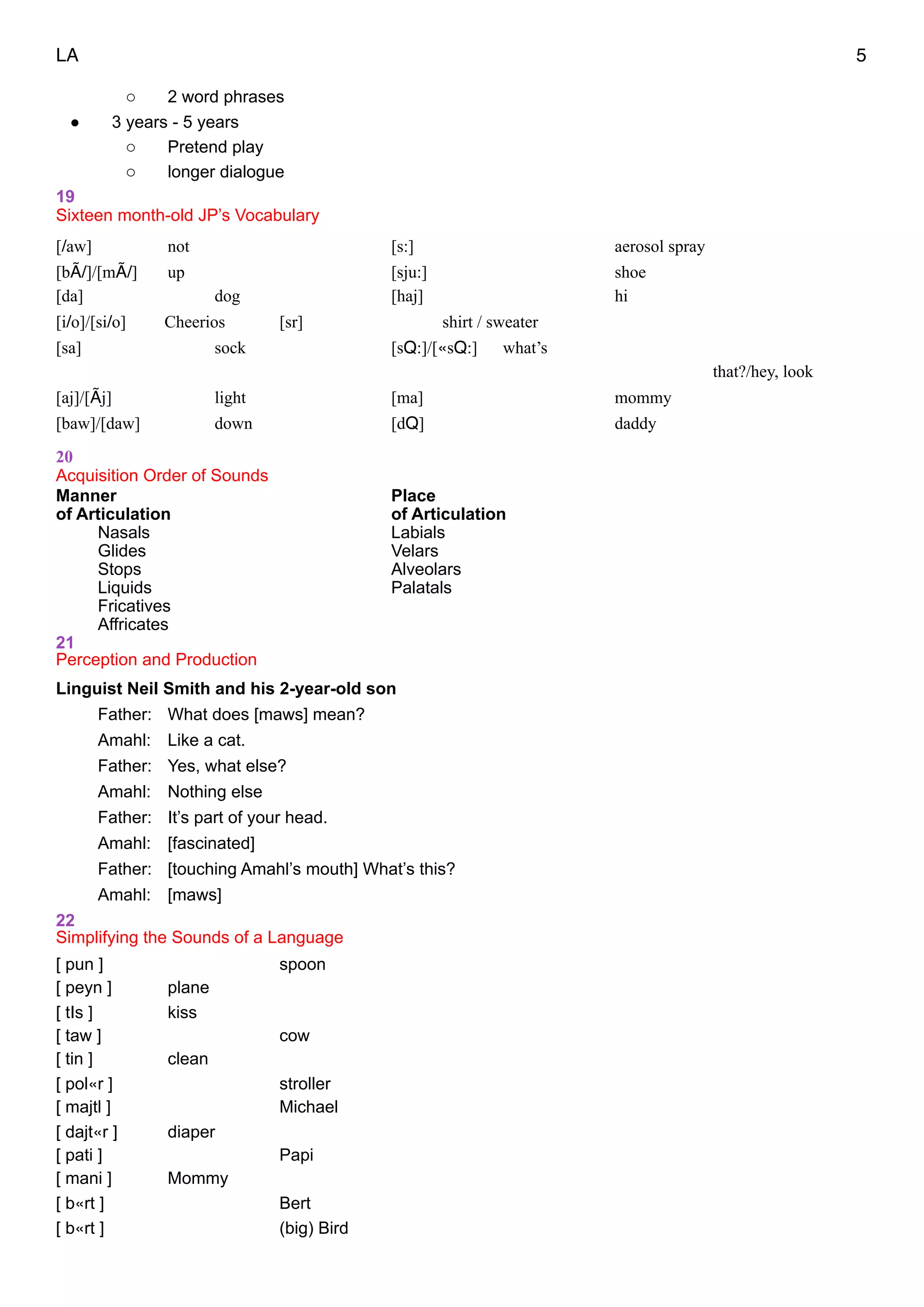 LA 5
o 2 word phrases
• 3 years - 5 years
o Pretend play
o longer dialogue
19
Sixteen month-old JP’s Vocabulary
[/aw] not [s:] aerosol spray
[bÃ/]/[mÃ/] up [sju:] shoe
[da] dog [haj] hi
[i/o]/[si/o] Cheerios [sr] shirt / sweater
[sa] sock [sQ:]/[«sQ:] what’s
that?/hey, look
[aj]/[Ãj] light [ma] mommy
[baw]/[daw] down [dQ] daddy
"20
Acquisition Order of Sounds
Manner Place
of Articulation of Articulation
Nasals Labials
Glides Velars
Stops Alveolars
Liquids Palatals
Fricatives
Affricates
21
Perception and Production
Linguist Neil Smith and his 2-year-old son
Father: What does [maws] mean?
Amahl: Like a cat.
Father: Yes, what else?
Amahl: Nothing else
Father: It’s part of your head.
Amahl: [fascinated]
Father: [touching Amahl’s mouth] What’s this?
Amahl: [maws]
22
Simplifying the Sounds of a Language
[ pun ] spoon
[ peyn ] plane
[ tIs ] kiss
[ taw ] cow
[ tin ] clean
[ pol«r ] stroller
[ majtl ] Michael
[ dajt«r ] diaper
[ pati ] Papi
[ mani ] Mommy
[ b«rt ] Bert
[ b«rt ] (big) Bird
 