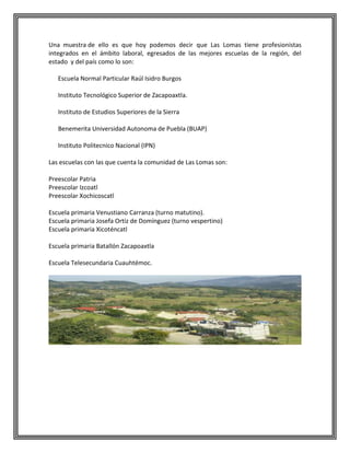Una muestra de ello es que hoy podemos decir que Las Lomas tiene profesionistas
integrados en el ámbito laboral, egresados de las mejores escuelas de la región, del
estado y del país como lo son:
Escuela Normal Particular Raúl Isidro Burgos
Instituto Tecnológico Superior de Zacapoaxtla.
Instituto de Estudios Superiores de la Sierra
Benemerita Universidad Autonoma de Puebla (BUAP)
Instituto Politecnico Nacional (IPN)
Las escuelas con las que cuenta la comunidad de Las Lomas son:
Preescolar Patria
Preescolar Izcoatl
Preescolar Xochicoscatl
Escuela primaria Venustiano Carranza (turno matutino).
Escuela primaria Josefa Ortiz de Domínguez (turno vespertino)
Escuela primaria Xicoténcatl
Escuela primaria Batallón Zacapoaxtla
Escuela Telesecundaria Cuauhtémoc.

 