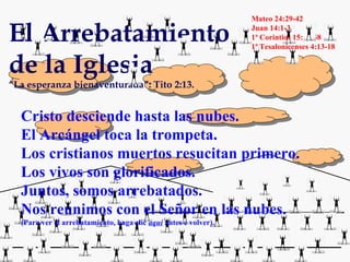 Mateo 24:29-42 Juan 14:1-3 1ª Corintios 15:50-58 1ª Tesalonicenses 4:13-18 El Arrebatamiento  de la Iglesia “ La esperanza bienaventurada”: Tito 2:13. Cristo desciende hasta las nubes. El Arcángel toca la trompeta. Los cristianos muertos resucitan primero. Los vivos son glorificados. Juntos, somos arrebatados. Nos reunimos con el Señor en las nubes. (Para ver el arrebatamiento, haga clic  aquí  antes e volver). 