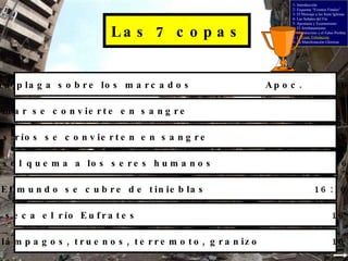Las 7 copas El mar se convierte en sangre 16:3 Los ríos se convierten en sangre 16:4 El sol quema a los seres humanos 16:8 El mundo se cubre de tinieblas 16:10 Se seca el río Eufrates 16:12 Relámpagos, truenos, terremoto, granizo 16:17 1- Introducción 2- Esquema “Eventos Finales” 3- El Mensaje a las Siete Iglesias 4- Las Señales del Fin 5- Apostasía y Ecumenismo 6- El Arrebatamiento 7- El Anticristo y el Falso Profeta 8-  La Gran Tribulación 9- La Manifestación Gloriosa Una plaga sobre los marcados Apoc.  16:2 