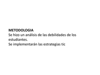 METODOLOGIA 
Se hizo un análisis de las debilidades de los 
estudiantes. 
Se implementarán las estrategias tic 
 