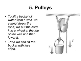 5. Pulleys To lift a bucket of water from a well, we cannot throw the rope; we put the cord into a wheel at the top of the well and then lower it.  Then we can lift the bucket with less effort. 
