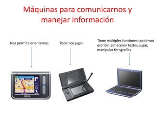 Máquinas para comunicarnos y
          manejar información

                                          Tiene múltiples funciones: podemos
Nos permite orientarnos   Podemos jugar
                                          escribir ,almacenar textos, jugar,
                                          manipular fotografías
 