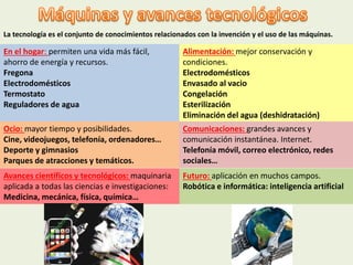La tecnología es el conjunto de conocimientos relacionados con la invención y el uso de las máquinas.
En el hogar: permiten una vida más fácil,
ahorro de energía y recursos.
Fregona
Electrodomésticos
Termostato
Reguladores de agua
Alimentación: mejor conservación y
condiciones.
Electrodomésticos
Envasado al vacio
Congelación
Esterilización
Eliminación del agua (deshidratación)
Ocio: mayor tiempo y posibilidades.
Cine, videojuegos, telefonía, ordenadores…
Deporte y gimnasios
Parques de atracciones y temáticos.
Comunicaciones: grandes avances y
comunicación instantánea. Internet.
Telefonía móvil, correo electrónico, redes
sociales…
Futuro: aplicación en muchos campos.
Robótica e informática: inteligencia artificial
Avances científicos y tecnológicos: maquinaria
aplicada a todas las ciencias e investigaciones:
Medicina, mecánica, física, química…
 