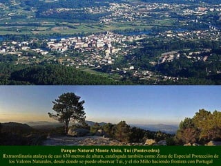 Parque Natural Monte Aloia, Tui (Pontevedra)  E xtraordinaria atalaya de casi 630 metros de altura, catalogada también como Zona de Especial Protección de los Valores Naturales, desde donde se puede observar Tui, y el río Miño haciendo frontera con Portugal 