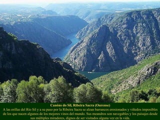 Canóns do Sil, Ribeira Sacra (Ourense) A las orillas del Río Sil y a su paso por la Ribeira Sacra se alzan barrancos erosionados y viñedos imposibles de los que nacen algunos de los mejores vinos del mundo. Sus meandros son navegables y los paisajes desde sus múltiples miradores, dignos de ser visitados alguna vez en la vida. 
