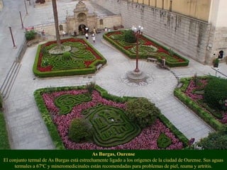As Burgas, Ourense
El conjunto termal de As Burgas está estrechamente ligado a los orígenes de la ciudad de Ourense. Sus aguas
termales a 67ºC y mineromedicinales están recomendadas para problemas de piel, reuma y artritis.
 
