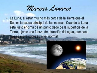 Mareas Lunares
• La Luna, al estar mucho más cerca de la Tierra que el
Sol, es la causa principal de las mareas. Cuando la Luna
está justo encima de un punto dado de la superficie de la
Tierra, ejerce una fuerza de atracción del agua, que hace
que se eleva sobre su nivel normal.
 