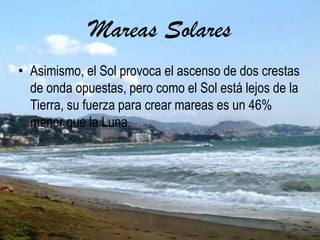 Mareas Solares
• Asimismo, el Sol provoca el ascenso de dos crestas
de onda opuestas, pero como el Sol está lejos de la
Tierra, su fuerza para crear mareas es un 46%
menor que la Luna.
 
