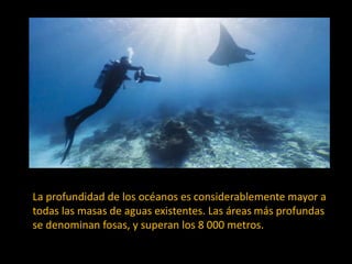 La profundidad de los océanos es considerablemente mayor a
todas las masas de aguas existentes. Las áreas más profundas
se denominan fosas, y superan los 8 000 metros.
 