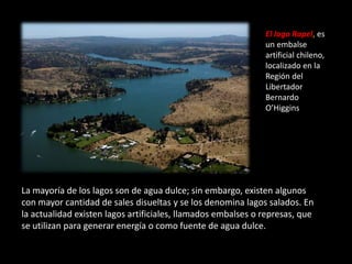 La mayoría de los lagos son de agua dulce; sin embargo, existen algunos
con mayor cantidad de sales disueltas y se los denomina lagos salados. En
la actualidad existen lagos artificiales, llamados embalses o represas, que
se utilizan para generar energía o como fuente de agua dulce.
El lago Rapel, es
un embalse
artificial chileno,
localizado en la
Región del
Libertador
Bernardo
O’Higgins
 