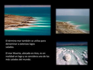 El término mar también se utiliza para
denominar a extensos lagos
salados.
El mar Muerto, ubicado en Asia, es en
realidad un lago y se considera uno de los
más salados del mundo.
 