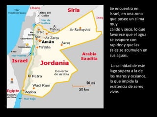 Se encuentra en
Israel, en una zona
que posee un clima
muy
cálido y seco, lo que
favorece que el agua
se evapore con
rapidez y que las
sales se acumulen en
sus aguas.
La salinidad de este
lago supera a la de
los mares y océanos,
lo que impide la
existencia de seres
vivos
 