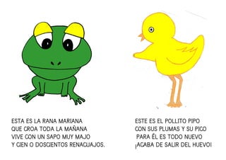 ESTA ES LA RANA MARIANAESTA ES LA RANA MARIANAESTA ES LA RANA MARIANAESTA ES LA RANA MARIANA ESTE ES EL POLLITO PIPOESTE ES EL POLLITO PIPOESTE ES EL POLLITO PIPOESTE ES EL POLLITO PIPO
QUE CROA TODA LA MAÑANAQUE CROA TODA LA MAÑANAQUE CROA TODA LA MAÑANAQUE CROA TODA LA MAÑANA CON SUS PLUMAS Y SU PICOCON SUS PLUMAS Y SU PICOCON SUS PLUMAS Y SU PICOCON SUS PLUMAS Y SU PICO
VIVE CON UN SAPO MUY MAJOVIVE CON UN SAPO MUY MAJOVIVE CON UN SAPO MUY MAJOVIVE CON UN SAPO MUY MAJO PARPARPARPARA ÉL ES TODO NUEVOA ÉL ES TODO NUEVOA ÉL ES TODO NUEVOA ÉL ES TODO NUEVO
Y CIEN O DOSCIENTOS RENACUAJOS.Y CIEN O DOSCIENTOS RENACUAJOS.Y CIEN O DOSCIENTOS RENACUAJOS.Y CIEN O DOSCIENTOS RENACUAJOS. ¡ACABA DE SALIR DEL HUEVO!¡ACABA DE SALIR DEL HUEVO!¡ACABA DE SALIR DEL HUEVO!¡ACABA DE SALIR DEL HUEVO!
 