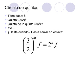 C í rculo de quintas Tono base: f. Quinta: (3/2)f. Quinta de la quinta (3/2) ²f. etc… ¿ Hasta cuando? Hasta cerrar en octava: 