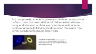 Este campo se ha concentrado mayormente en la mecánica
cuántica, mecánica estadística, relatividad e hidrodinámica
aunque, dada su naturaleza, es capaz de ser aplicado en
cualquier área de la física lográndose así un modelado más
formal de la fenomenología observada.
Imagen ilustrativa de la dualidad onda-
partícula, en el que se aprecia cómo un
mismo fenómeno puede ser percibido de
dos modos distintos.
 