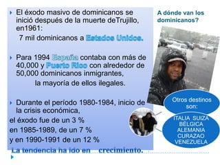    El éxodo masivo de dominicanos se         A dónde van los
    inició después de la muerte deTrujillo,   dominicanos?
    en1961:
     7 mil dominicanos a

   Para 1994         contaba con más de
    40,000 y              con alrededor de
    50,000 dominicanos inmigrantes,
         la mayoría de ellos ilegales.

                                                  Otros destinos
 Durante el período 1980-1984, inicio de              son:
  la crisis económica,
el éxodo fue de un 3 %                             ITALIA SUIZA
                                                      BÉLGICA
en 1985-1989, de un 7 %                              ALEMANIA
                                                     CURAZAO
y en 1990-1991 de un 12 %                           VENEZUELA
 