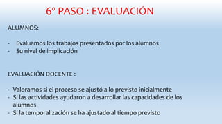 6º PASO : EVALUACIÓN
ALUMNOS:
- Evaluamos los trabajos presentados por los alumnos
- Su nivel de implicación
EVALUACIÓN DOCENTE :
- Valoramos si el proceso se ajustó a lo previsto inicialmente
- Si las actividades ayudaron a desarrollar las capacidades de los
alumnos
- Si la temporalización se ha ajustado al tiempo previsto
 