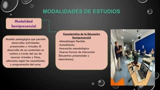MODALIDADES DE ESTUDIOS
Modalidad
Semipresencial
Modelo pedagógico que permite
desarrollar actividades
presenciales y virtuales. El
desarrollo de sus contenidos se
realiza a través del uso de
recursos virtuales y físico,
alteradas según las necesidades
y programación del curso.
Característica de la Educación
Semipresencial
-Metodología flexible.
-Autodidacta.
-Innovación metodológica
-Nuevas formas de interacción
(Encuentros presenciales y
electrónicos).
 