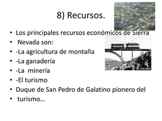 8) Recursos.
• Los principales recursos económicos de Sierra
• Nevada son:
• -La agricultura de montaña
• -La ganadería
• -La minería
• -El turismo
• Duque de San Pedro de Galatino pionero del
• turismo…
 