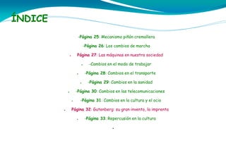 ÍNDICE
-Página 25: Mecanismo piñón cremallera
-Página 26: Los cambios de marcha
Página 27: Las máquinas en nuestra sociedad

●

●

-Página 28: Cambios en el transporte

●

●

-Página 29: Cambios en la sanidad

-Página 30: Cambios en las telecomunicaciones

●

-Página 31: Cambios en la cultura y el ocio

●

●

-Cambios en el modo de trabajar

Página 32: Gutenberg: su gran invento, la imprenta
●

-Página 33: Repercusión en la cultura
●

 