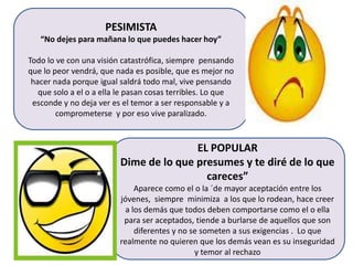 PESIMISTA
“No dejes para mañana lo que puedes hacer hoy”
Todo lo ve con una visión catastrófica, siempre pensando
que lo peor vendrá, que nada es posible, que es mejor no
hacer nada porque igual saldrá todo mal, vive pensando
que solo a el o a ella le pasan cosas terribles. Lo que
esconde y no deja ver es el temor a ser responsable y a
comprometerse y por eso vive paralizado.
EL POPULAR
Dime de lo que presumes y te diré de lo que
careces”
Aparece como el o la ´de mayor aceptación entre los
jóvenes, siempre minimiza a los que lo rodean, hace creer
a los demás que todos deben comportarse como el o ella
para ser aceptados, tiende a burlarse de aquellos que son
diferentes y no se someten a sus exigencias . Lo que
realmente no quieren que los demás vean es su inseguridad
y temor al rechazo
 