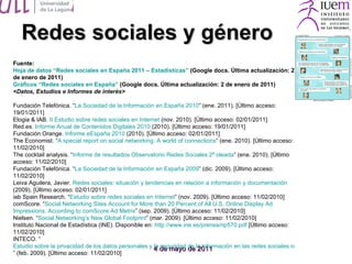 Redes sociales y género Fuente: Hoja de datos “Redes sociales en España 2011 – Estadísticas”  (Google docs. Última actuali...