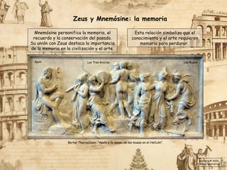 Esta relación simboliza que el
conocimiento y el arte requieren
memoria para perdurar.
Mnemósine personifica la memoria, el
recuerdo y la conservación del pasado.
Su unión con Zeus destaca la importancia
de la memoria en la civilización y el arte.
Zeus y Mnemósine: la memoria
Apolo Las Musas
Las Tres Gracias
Bertel Thorvaldsen: “Apolo y la danza de las musas en el Helicón”.
Historia © 2026
Simon Ibarretxe
 