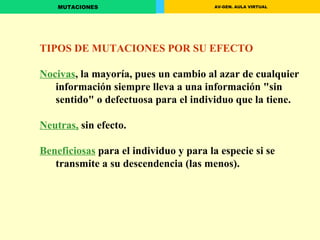TIPOS DE MUTACIONES POR SU EFECTO Nocivas , la mayoría, pues un cambio al azar de cualquier información siempre lleva a una información "sin sentido" o defectuosa para el individuo que la tiene. Neutras,  sin efecto. Beneficiosas  para el individuo y para la especie si se transmite a su descendencia (las menos). 
