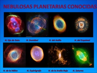 N. Ojo de Gato N. Dumbbel N. del Anillo N. del EsquimalN. Ojo de Gato N. Dumbbel N. del Anillo N. del Esquimal
N. de la Hélice N. Espirógrafo N. de la Araña Roja N. SaturnoN. de la Hélice N. Espirógrafo N. de la Araña Roja N. Saturno
 