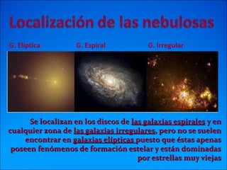 Se localizan en los discos deSe localizan en los discos de las galaxias espiraleslas galaxias espirales y eny en
cualquier zona decualquier zona de las galaxias irregulareslas galaxias irregulares, pero no se suelen, pero no se suelen
encontrar enencontrar en galaxias elípticasgalaxias elípticas puesto que éstas apenaspuesto que éstas apenas
poseen fenómenos de formación estelar y están dominadasposeen fenómenos de formación estelar y están dominadas
por estrellas muy viejaspor estrellas muy viejas
G. Elíptica G. Espiral G. Irregular
 