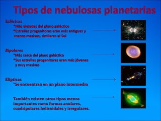 EsféricasEsféricas
*Más alejadas del plano galáctico*Más alejadas del plano galáctico
*Estrellas progenitoras eran más antiguas y*Estrellas progenitoras eran más antiguas y
menos masivas, similares al Solmenos masivas, similares al Sol
BipolaresBipolares
**Más cerca del plano galácticoMás cerca del plano galáctico
*Sus estrellas progenitoras eran más jóvenes*Sus estrellas progenitoras eran más jóvenes
y muy masivasy muy masivas
ElípticasElípticas
*Se encuentran en un plano intermedio*Se encuentran en un plano intermedio
También existen otros tipos menosTambién existen otros tipos menos
importantes como formas anulares,importantes como formas anulares,
cuadripolares helicoidales y irregulares.cuadripolares helicoidales y irregulares.
 