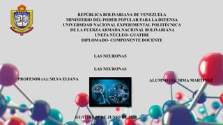 REPÚBLICA BOLIVARIANA DE VENEZUELA
MINISTERIO DEL PODER POPULAR PARA LA DEFENSA
UNIVERSIDAD NACIONAL EXPERIMENTAL POLITÉCNICA
DE LA FUERZA ARMADA NACIONAL BOLIVARIANA
UNEFA NÚCLEO- GUATIRE
DIPLOMADO- COMPONENTE DOCENTE
PROFESOR (A): SILVA ELIANA ALUMNO (A): IRMA MARTÍNEZ
GUATIRE 09 DE JUNIO DE 2023
LAS NEURONAS
LAS NEURONAS
 