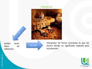 Ejemplo 
Suelen tener 
ideas de 
referencia 
Criterio A1 
Interpretar de forma incorrecta lo que les 
ocurre dando un significado especial para 
esa persona. 
 