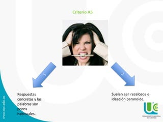Respuestas 
concretas y las 
palabras son 
pocos 
habituales. 
Suelen ser recelosos e 
ideación paranoide. 
Criterio A5 
 