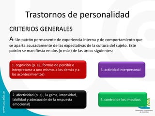 Trastornos de personalidad 
CRITERIOS GENERALES 
A: Un patrón permanente de experiencia interna y de comportamiento que 
se aparta acusadamente de las expectativas de la cultura del sujeto. Este 
patrón se manifiesta en dos (o más) de las áreas siguientes: 
2. afectividad (p. ej., la gama, intensidad, 
labilidad y adecuación de la respuesta 
emocional) 
3. actividad interpersonal 
4. control de los impulsos 
1. cognición (p. ej., formas de percibir e 
interpretarse a uno mismo, a los demás y a 
los acontecimientos) 
 