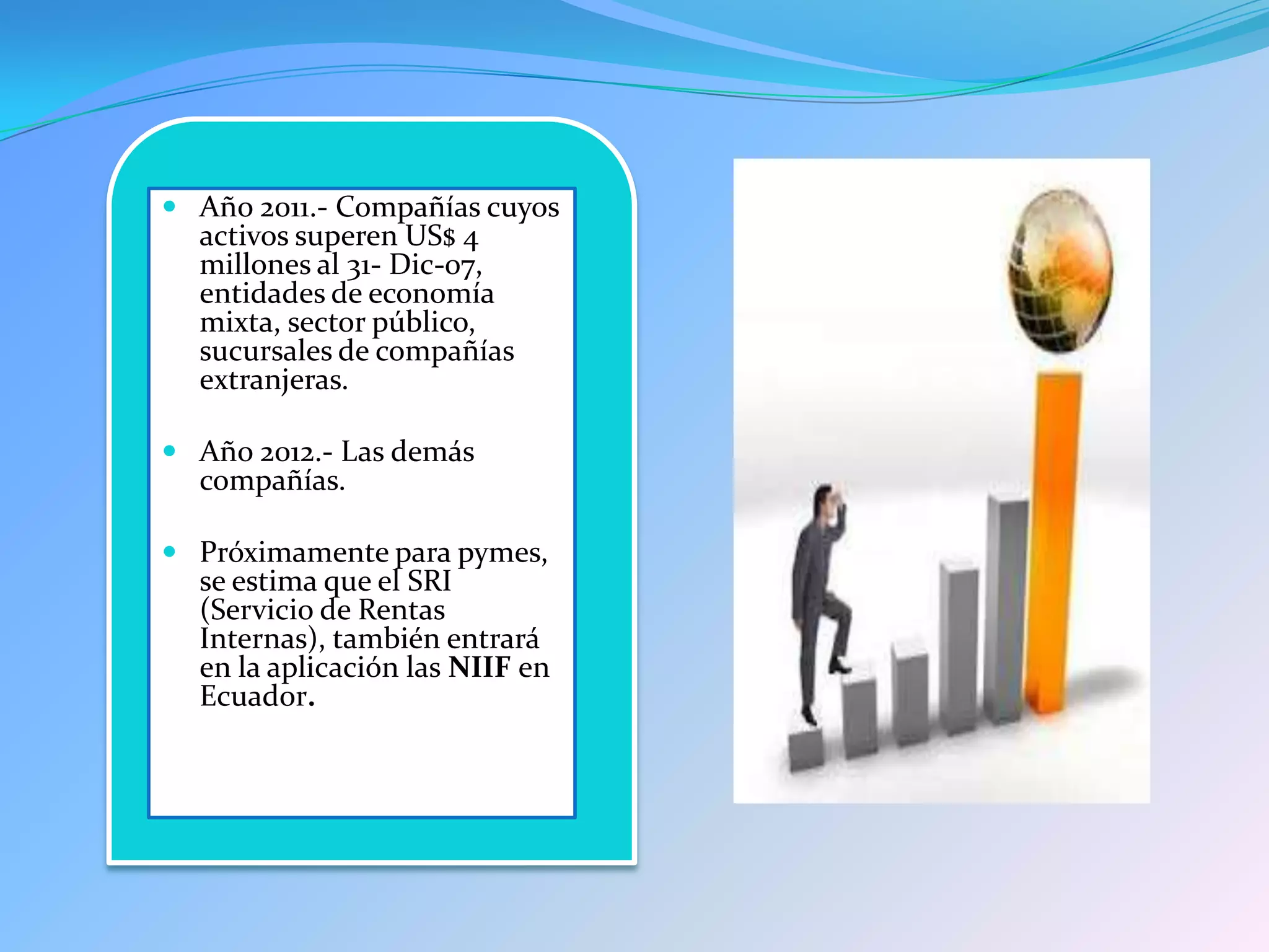  Año 2011.- Compañías cuyos
  activos superen US$ 4
  millones al 31- Dic-07,
  entidades de economía
  mixta, sector público,
  sucursales de compañías
  extranjeras.

 Año 2012.- Las demás
  compañías.

 Próximamente para pymes,
  se estima que el SRI
  (Servicio de Rentas
  Internas), también entrará
  en la aplicación las NIIF en
  Ecuador.
 
