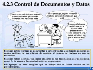 ¿Cómo va mi solicitud para examen
profesional? Pues ya van ocho
semanas y no he sabido nada
No se preocupe, déjeme revisar el
Sistema para ver el estatus en que
está
Creo que el sistema
cambió otra vez y
no está en el
procedimiento
como accesar a esta
nueva versión, y yo
con el alumno aquí
Se deben definir los tipos de documentos a ser controlados y se deberán controlar las
copias emitidas de los mismos de acuerdo al número de revisión en que se
encuentren.
Se deben retirar y eliminar las copias obsoletas de los documentos a ser controlados,
con el fin de asegurar la estandarización en los procesos.
Por ejemplo se debe asegurar que se trabajé con la última versión de los
procedimientos.
 
