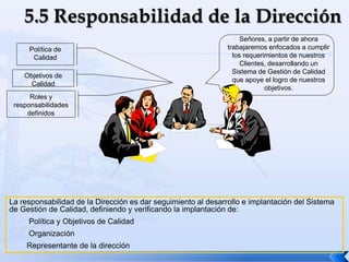 Señores, a partir de ahora
trabajaremos enfocados a cumplir
los requerimientos de nuestros
Clientes, desarrollando un
Sistema de Gestión de Calidad
que apoye el logro de nuestros
objetivos.
Política de
Calidad
Roles y
responsabilidades
definidos
Objetivos de
Calidad
La responsabilidad de la Dirección es dar seguimiento al desarrollo e implantación del Sistema
de Gestión de Calidad, definiendo y verificando la implantación de:
Política y Objetivos de Calidad
Organización
Representante de la dirección
 