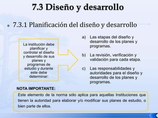  7.3.1 Planificación del diseño y desarrollo
La institución debe
planificar y
controlar el diseño
y desarrollo de sus
planes y
programas de
estudio y durante
este debe
determinar:
a) Las etapas del diseño y
desarrollo de los planes y
programas.
b) La revisión, verificación y
validación para cada etapa.
c) Las responsabilidades y
autoridades para el diseño y
desarrollo de los planes y
programas.
Este elemento de la norma sólo aplica para aquellas Instituciones que
tienen la autoridad para elaborar y/o modificar sus planes de estudio, o
bien parte de ellos.
NOTA IMPORTANTE:
 
