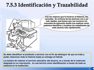 Xz,mnc,xnc,nxzc,xzn.c klj
lkjljkj09098099ppoipoi´pi’88098jk
jjk
Con las mejoras que le hicieron al Sistema, las
consultas de archivos de los alumnos van a ser
más rápidas, qué bueno que nos enviaron los
manuales de operación donde nos explican como
podemos identificar y localizar los expedientes de
cada alumno más rápidamente.
Se debe identificar el producto o servicio con el fin de distinguir de que se trata y
poder relacionar toda la historia hasta su entrega al Cliente.
La manera de rastrear el servicio educativo del alumno, es a través de la matrícula
asignada en su inscripción, la cual servirá como identificación a través de toda su
estancia en la institución.
 